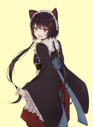 Rule 34 | 1girl, absurdres, anchor hair ornament, animal ears, breasts, brown hair, cowboy shot, dog ears, fang, flower, frilled sleeves, frills, hair flower, hair ornament, heterochromia, highres, inui toko, japanese clothes, kimono, long sleeves, looking at viewer, maid, maid headdress, nijisanji, obi, open mouth, orange eyes, red eyes, sash, short hair with long locks, simple background, small breasts, smile, solo, sorazee12, virtual youtuber, wa maid, wide sleeves, yellow background