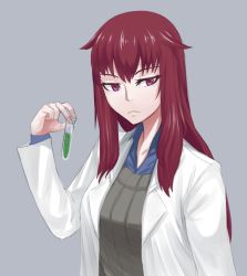 Rule 34 | 1girl, collarbone, collared shirt, expressionless, grey background, jiffic, lab coat, looking at viewer, mon-musu quest!, promestein, purple eyes, red hair, shadow, shirt, sidelocks, simple background, solo, test tube, upper body