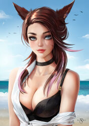 Rule 34 | 1girl, animal ears, black bra, black choker, blue eyes, bra, breasts, brown hair, cat ears, choker, cleavage, commission, crescent, crescent earrings, day, earrings, final fantasy, final fantasy xiv, jewelry, large breasts, lips, long hair, looking at viewer, miqo&#039;te, multicolored hair, nixri, outdoors, partially unbuttoned, pink hair, shirt, solo, streaked hair, unbuttoned, unbuttoned shirt, underwear, upper body, warrior of light (ff14), white shirt