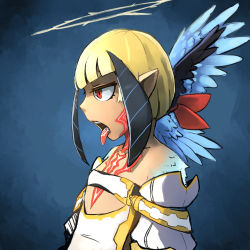 Rule 34 | 1girl, blonde hair, dark-skinned female, dark skin, female focus, flat chest, from side, gold trim, half-closed eyes, halo, head wings, kamukamu6392, monster girl, original, pointy ears, red eyes, simple background, solo, tongue, tongue out, tongue tattoo, wings
