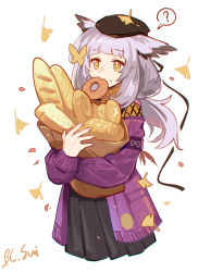 Rule 34 | 1girl, ?, animal ears, arknights, bag, baguette, beret, bird ears, bread, cropped legs, doughnut, falling leaves, falling petals, food, food in mouth, food on face, grey hair, hair tie, hat, holding, holding bag, jacket, leaf, long hair, long sleeves, low ponytail, owl ears, owl girl, petals, ptilopsis (arknights), ptilopsis (serenity) (arknights), purple jacket, raisin bread, signature, simple background, solo, speech bubble, sui (blackcatsui yoi), white background, yellow eyes