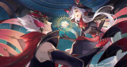Rule 34 | 1boy, 1girl, absurdres, arcana rakan, arcana xayah, asami okutoshioku, black gloves, closed mouth, commentary, elbow gloves, facial mark, floating, flower, gloves, hair between eyes, hair over one eye, highres, hood, hoodie, league of legends, long hair, looking at another, looking at viewer, night, night sky, official alternate costume, official alternate hairstyle, outdoors, parted lips, rakan (league of legends), red eyes, short hair, sky, smile, star (sky), starry sky, whisker markings, white hair, xayah