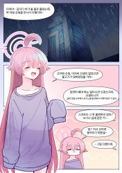 Rule 34 | 1girl, absurdres, alternate costume, antenna hair, blue archive, building, halo, highres, hoshino (blue archive), korean text, oversized clothes, pink hair, purple sweater, rgo, solo, sweater
