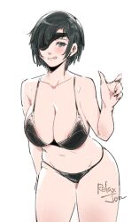 Rule 34 | 1girl, :q, areola slip, artist name, black bra, black hair, black panties, bra, breasts, chainsaw man, collarbone, curvy, eyepatch, grey eyes, hand up, himeno (chainsaw man), large breasts, looking at viewer, navel, panties, relaxjon, short hair, simple background, solo, thighs, tongue, tongue out, underwear, white background