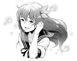 Rule 34 | 10s, 1girl, adjusting hair, greyscale, hair ornament, kantai collection, kisaragi (kancolle), long hair, monochrome, nathaniel pennel, open mouth, ribbon, school uniform, serafuku, short sleeves, simple background, smile, solo, upper body, white background