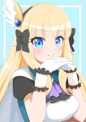 Rule 34 | 1girl, absurdres, black bow, blonde hair, blue background, blue eyes, blunt bangs, blush, bow, breast rest, breasts, breasts on table, crust gm0, elf, hair bow, hair ornament, highres, large breasts, long hair, looking at viewer, pointy ears, princess connect!, saren (princess connect!), simple background, solo, split mouth