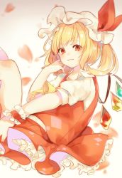 Rule 34 | 1girl, ascot, bad id, bad pixiv id, blonde hair, bow, flandre scarlet, frilled cuffs, hand on own cheek, hand on own face, hat, hat ribbon, highres, looking at viewer, mob cap, muin, petals, puffy short sleeves, puffy sleeves, red bow, red eyes, red ribbon, red skirt, red vest, ribbon, short sleeves, side ponytail, skirt, smile, solo, touhou, vest, white hat, wings, wrist cuffs