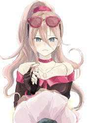Rule 34 | 1girl, bare shoulders, black gloves, blonde hair, blue eyes, blush, bouquet, breasts, commentary request, danganronpa (series), danganronpa v3: killing harmony, dress, fingerless gloves, flower, gloves, goggles, goggles on head, hair between eyes, hair ornament, hair scrunchie, hand up, highres, iruma miu, iwano (iwanohiroko), long hair, long sleeves, looking at viewer, off-shoulder dress, off shoulder, parted lips, red scrunchie, scrunchie, simple background, sunglasses, white background
