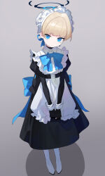 Rule 34 | 1girl, aged down, apron, back bow, black dress, black gloves, blonde hair, blue archive, blue bow, blue bowtie, blue eyes, blue ribbon, bow, bowtie, closed mouth, commentary, dress, frilled apron, frills, full body, gloves, grey background, hair ribbon, halo, highres, juliet sleeves, long sleeves, looking at viewer, maid, maid apron, maid headdress, puffy sleeves, ribbon, short hair, signalviolet, simple background, solo, toki (blue archive), white apron, white footwear