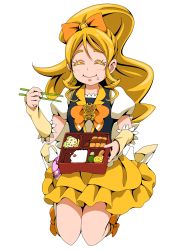 Rule 34 | 1girl, ^ ^, absurdres, black vest, blonde hair, bow, brooch, chopsticks, closed eyes, clover earrings, colored eyelashes, cure honey, detached sleeves, earrings, eating, ebura din, facing viewer, food, food on face, full body, hair between eyes, hair bow, happinesscharge precure!, heart, heart brooch, high heels, highres, holding, holding chopsticks, jewelry, kneeling, long hair, miniskirt, orange bow, precure, rice, rice on face, short sleeves, simple background, skirt, solo, vest, white background, white sleeves, yellow skirt, yellow sleeves