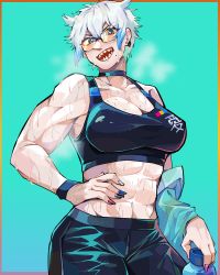 Rule 34 | 1girl, abs, absurdres, black choker, blue hair, blue nails, bottle, breasts, choker, cleavage, covered erect nipples, diforland, earrings, glasses, grey nails, hand on own hip, highres, indie virtual youtuber, jewelry, large breasts, midriff, muscular, muscular female, nail polish, navel, open mouth, red nails, reina blanka, sharp teeth, short hair, simple background, smile, solo, sports bra, teeth, two-tone sports bra, upper body, virtual youtuber, water bottle, white hair, wristband