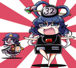 Rule 34 | 2girls, blue eyes, blue hair, chibi, expressive clothes, fantasy zone, female focus, game console, hair ornament, hair rings, hair stick, hat, house of the dead, instrument, kaku seiga, keyboard (computer), keyboard (instrument), leg up, matarou (matarou072), miyako yoshika, multiple girls, no nose, ofuda, opa-opa, opaopa, open mouth, outstretched arms, pun, sega, sega dreamcast, sega mega drive, sharp teeth, spread arms, sunburst, teeth, touhou, typing of the dead