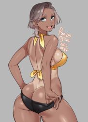 Rule 34 | 1girl, agawa ryou, artist name, bare shoulders, bikini, bikini top only, black panties, breasts, butt crack, comb over, commentary, contrapposto, covered erect nipples, cowboy shot, dark-skinned female, dark skin, dated, english commentary, from behind, gradient hair, grey background, grey eyes, grey hair, halterneck, large breasts, looking at viewer, looking back, median furrow, medium hair, multicolored hair, one-piece tan, open mouth, original, panties, panty pull, pulling own clothes, sideboob, signature, simple background, skindentation, smile, solo, swimsuit, tan, tanline, teeth, thick thighs, thighs, tongue, underwear, upper teeth only, v-shaped eyebrows, yellow bikini
