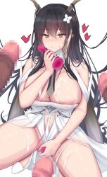Rule 34 | 1girl, 3boys, absurdres, antlers, azur lane, bad id, bad pixiv id, bare shoulders, black hair, blush, breasts, brown eyes, censored, chin gero, cleavage, clothing aside, clothing cutout, collar, commentary request, cum, cum on body, cum on breasts, cum on hair, cum on legs, cum on upper body, dildo, dress, dress aside, dress flower, egg vibrator, erection, female masturbation, flower, groin, hair between eyes, hair flower, hair ornament, hand to own mouth, hand up, heart, hetero, high heels, highres, holding, holding sex toy, horns, indomitable (azur lane), knees out of frame, large breasts, long hair, looking at viewer, masturbation, mosaic censoring, multiple boys, multiple penises, nose blush, object insertion, out of frame, parted lips, penis, pumps, saliva, saliva trail, sex toy, sidelocks, simple background, solo focus, squatting, stomach cutout, strapless, strapless dress, stray pubic hair, sweatdrop, thigh strap, vaginal, vaginal object insertion, very long hair, vibrator, white background, white collar, white dress, white flower, white footwear