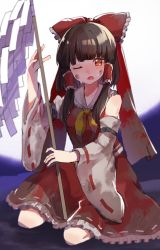 Rule 34 | 1girl, bow, brown hair, collar, detached sleeves, dirty, dirty clothes, dirty face, dress, gohei, hair bow, hair tubes, hakurei reimu, highres, medium hair, neckerchief, nontraditional miko, one eye closed, red bow, red dress, red eyes, ribbon-trimmed sleeves, ribbon trim, shukinuko, sidelocks, sitting, sleeveless, sleeveless dress, solo, touhou, wariza, white collar, yellow neckerchief