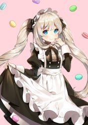 Rule 34 | 1girl, apron, artist name, ayami (annahibi), black dress, blue eyes, blush, brown shirt, closed mouth, clothes lift, cookie, dress, dress lift, fate/grand order, fate (series), food, frilled apron, frills, hand up, highres, juliet sleeves, long hair, long sleeves, looking at viewer, macaron, maid, maid apron, maid headdress, marie antoinette (fate), official alternate costume, pink background, plaid, plaid shirt, puffy sleeves, ribbon, shirt, sidelocks, signature, silver hair, simple background, skirt, skirt lift, smile, solo, sweets, tareme, twintails, very long hair, wrist cuffs