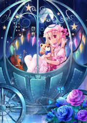 Rule 34 | 1girl, absurdres, ascot, bell tower, blonde hair, blue flower, blue rose, bow (music), bug, butterfly, carriage, dress, flandre scarlet, flower, full moon, glowing, glowing wings, gyaza, hat, hat ribbon, highres, insect, instrument, mob cap, moon, pantyhose, puffy sleeves, purple flower, purple rose, red dress, red eyes, red flower, red rose, ribbon, rose, scarlet devil mansion, shirt, short sleeves, side ponytail, sitting, solo, star (symbol), stuffed animal, stuffed toy, teddy bear, touhou, violin, white pantyhose, wings