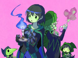 Rule 34 | 2boys, 2girls, bad id, bad pixiv id, black hair, blonde hair, breasts, brooch, candle, cape, chibi, colored skin, dark acolyte (shovel knight), drill hair, gloves, green eyes, green skin, hat, hood, jewelry, medium breasts, missy (shovel knight), mona (shovel knight), multiple boys, multiple girls, open mouth, pink background, plague doctor mask, plague knight, potion, robe, sachy (sachichy), shovel knight, simple background, sweatdrop, triangle mouth, upper body, wavy mouth