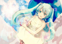 Rule 34 | 1girl, absurdres, aqua eyes, aqua hair, ayamelo, dress, from above, hatsune miku, highres, long hair, open mouth, solo, star (symbol), twintails, umbrella, vocaloid