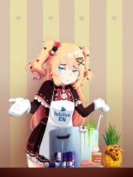 Rule 34 | 1girl, absurdres, akai haato, akai haato (gothic lolita), apron, aqua hair, bad food, blonde hair, bow, bowtie, can, commentary, cooking, food, fruit, hair bow, hair ornament, hairclip, heart, heart hair ornament, highres, hololive, hololive english, indoors, ladle, long hair, looking at viewer, mittens, nissin cup noodle, pine tree, pineapple, pizza, pizza slice, pot, raw meat, red bow, red bowtie, red bull, rei magnifico, shrugging, solo, tree, two side up, virtual youtuber, w arms, white apron, white mittens