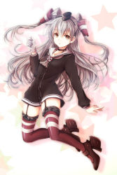 Rule 34 | 10s, 1girl, amatsukaze (kancolle), black choker, brown eyes, choker, dress, garter straps, hair tubes, high heels, kantai collection, long hair, long sleeves, looking at viewer, personification, sailor dress, school uniform, serafuku, short dress, silver hair, simple background, solo, star (symbol), striped clothes, striped thighhighs, thighhighs, twintails, two side up, x na, zettai ryouiki