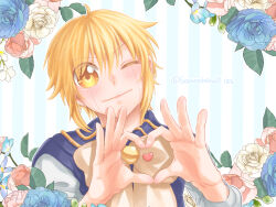 Rule 34 | 1boy, blonde hair, blue cape, blue flower, blue rose, bow, cape, commentary request, facial mark, flower, gash bell, haru (skytrip), heart, heart hands, highres, konjiki no gash!!, konjiki no gash!! 2, male focus, one eye closed, portrait, rose, smile, solo, striped, striped background, twitter username, upper body, white bow, yellow eyes