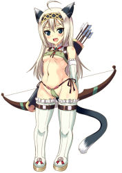 Rule 34 | 1girl, ahoge, animal ears, arrow (projectile), bikini, blonde hair, blue eyes, boots, bow (weapon), cat ears, cat tail, eyebrows, fang, hairband, kyogoku shin, long hair, looking at viewer, open mouth, original, quill, smile, solo, swimsuit, tail, thigh boots, thighhighs, weapon