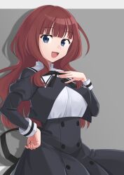Rule 34 | 1girl, :d, assault lily, black ribbon, black skirt, blue eyes, blunt bangs, breasts, brown hair, buttons, cowboy shot, cropped jacket, drop shadow, fingernails, grey background, hand on own hip, hand on own chest, hand up, high-waist skirt, highres, juliet sleeves, kaede johan nouvel, large breasts, letter, long hair, long sleeves, looking at viewer, neck ribbon, open mouth, outside border, puffy sleeves, ribbon, rurie (lourie), school uniform, shirt, sidelocks, simple background, skirt, smile, solo, standing, white shirt, yurigaoka girls academy school uniform