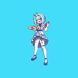 Rule 34 | 1girl, blue eyes, blue hair, cross (vgne4542), food, highres, holding, holding plate, jelly hoshiumi, phase connect, plate, ribbon, short hair, solo