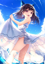 Rule 34 | 1girl, bare arms, bare shoulders, blue bow, blue ribbon, blue sky, bow, brown hair, cloud, commentary request, day, dress, earrings, glint, hair bow, heart, heart earrings, heart print, highres, jewelry, long hair, looking at viewer, ocean, open mouth, original, outdoors, print dress, red eyes, ribbon, sky, sleeveless, sleeveless dress, solo, standing, wading, water, white dress, yan (nicknikg)