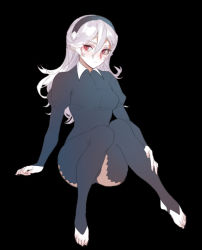 Rule 34 | 1girl, barefoot, black background, black bodysuit, black hairband, bodysuit, breasts, chinese commentary, closed mouth, collar, commentary request, corrin (female) (fire emblem), corrin (fire emblem), fire emblem, fire emblem fates, full body, hair between eyes, hairband, long hair, long sleeves, looking at viewer, nintendo, puffy long sleeves, puffy sleeves, red eyes, simple background, sitting, solo, stirrup legwear, toeless legwear, white collar, white hair, zuizi
