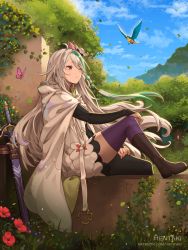 Rule 34 | 1girl, animal, asymmetrical legwear, bird, black thighhighs, blue eyes, blue sky, boots, bridal gauntlets, brown footwear, bug, butterfly, character request, cloak, cloud, commentary, day, dragalia lost, dress, english commentary, green hair, grey hair, hair between eyes, hentaki, heterochromia, highres, hood, hood down, hooded cloak, insect, mismatched legwear, multicolored hair, outdoors, purple thighhighs, sheath, sheathed, sky, solo, streaked hair, sword, thighhighs, thighhighs under boots, tree, watermark, weapon, web address, white cloak, white dress, yellow eyes