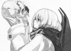 Rule 34 | 1girl, bat wings, coat, greyscale, highres, holding, long sleeves, looking at another, miruto netsuki, monochrome, overcoat, remilia scarlet, scarf, serious, short hair, sketch, skull, solo, touhou, wings
