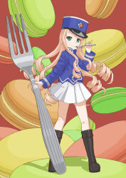 Rule 34 | 1girl, absurdres, bc freedom (emblem), bc freedom military uniform, black footwear, blonde hair, blue hat, blue jacket, blue vest, boots, closed mouth, commentary, dress shirt, drill hair, eating, emblem, food, fork, girls und panzer, green eyes, hat, high collar, highres, holding, holding fork, jacket, kepi, knee boots, long hair, long sleeves, looking at viewer, macaron, marie (girls und panzer), military, military hat, military uniform, miniskirt, oversized food, oversized object, pleated skirt, qgkmn541, shirt, skirt, smile, solo, standing, uniform, vest, white shirt, white skirt