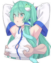 Rule 34 | 1girl, armpits, arms behind head, arms up, bare shoulders, blush, grabbing another&#039;s breast, breasts, collared shirt, detached sleeves, disembodied limb, frog hair ornament, grabbing, grabbing from behind, green eyes, green hair, hair ornament, hair tubes, kochiya sanae, large breasts, long hair, open mouth, shirt, shiseki hirame, simple background, solo focus, touhou, white background, white shirt