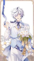 Rule 34 | 1boy, bishounen, black hair, blade (nu carnival), blue ribbon, bouquet, flower, gem, hair over eyes, highres, holding, holding bouquet, lily of the valley, long sleeves, looking at viewer, male focus, multicolored hair, nu carnival, open mouth, purple eyes, ribbon, sharp teeth, short hair, snowdrop (flower), standing, streaked hair, teeth, white flower, white hair, zym89622531