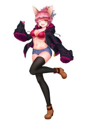Rule 34 | 1girl, absurdres, animal ears, black jacket, black thighhighs, boots, bra, breasts, brown footwear, cellphone, cleavage, denim, denim shorts, earphones, full body, hair ribbon, highres, holding, hood, jacket, kai (pixiv12466647), large breasts, looking at viewer, navel, one eye closed, open mouth, orange eyes, original, phone, pink hair, ponytail, red bra, ribbon, short shorts, shorts, sidelocks, sleeves past wrists, smartphone, smile, solo, standing, standing on one leg, thighhighs, underwear, whip