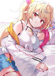 Rule 34 | 1girl, :q, arm up, bare shoulders, bed sheet, blonde hair, blue shorts, blush, breasts, brown eyes, closed mouth, commentary request, front-tie top, hair intakes, hair ornament, hair ribbon, hairclip, heterochromia, highres, hoshikawa sara, hoshikawa sara (1st costume), jacket, kuhotaka, long hair, long sleeves, lying, medium breasts, nail polish, nijisanji, off shoulder, on side, open clothes, open jacket, pink ribbon, red eyes, red nails, ribbon, short shorts, shorts, side ponytail, sleeves past wrists, smile, solo, tank top, tongue, tongue out, very long hair, virtual youtuber, white background, white jacket, white tank top, wide sleeves, x hair ornament, yellow ribbon