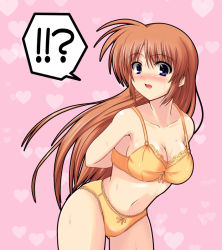 Rule 34 | !?, 00s, 1girl, arms behind back, blue eyes, blush, bow, bow panties, bra, breasts, brown hair, cleavage, heart, johnny (from scratch), lace, lace-trimmed panties, lace trim, leaning forward, lingerie, long hair, lyrical nanoha, mahou shoujo lyrical nanoha, mahou shoujo lyrical nanoha strikers, open mouth, orange bra, orange panties, panties, purple eyes, solo, surprised, sweat, takamachi nanoha, underwear, underwear only, very long hair, yellow panties