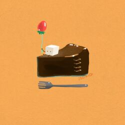 Rule 34 | artist name, balloon, cake, chocolate cake, food, food focus, fork, fruit, issiki toaki, on food, orange background, original, pastry, strawberry, sugar cube
