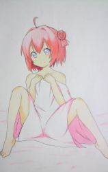 Rule 34 | 1girl, ahoge, akaza akari, artist request, barefoot, bed, bed sheet, blue eyes, covering privates, double bun, feet, hair bun, looking at viewer, nude, red hair, short hair, simple background, sitting, smile, solo, spread legs, toes, traditional media, white background, yuru yuri