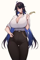 Rule 34 | 1girl, absurdres, ahoge, banknote, black hair, blue hair, breasts, choker, cleavage, colored inner hair, eyewear on head, grin, hand on own hip, high-waist pants, highres, holding, holding money, huge breasts, indie virtual youtuber, kson, long hair, money, multicolored hair, office lady, pants, sleeves rolled up, smile, solo, souchou, sunglasses, thigh gap, thighs, two-tone hair, unbeller, very long hair, virtual youtuber