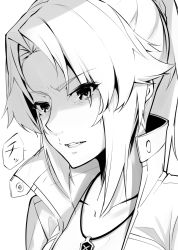 Rule 34 | 1girl, absurdres, collared jacket, commentary request, fate/apocrypha, fate (series), frown, greyscale, highres, jacket, jewelry, leather, leather jacket, looking at viewer, monochrome, mordred (fate), mordred (fate/apocrypha), mordred (memories at trifas) (fate), open mouth, pendant, ponytail, popped collar, simple background, sketch, solo, takatun223, teeth, white background