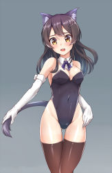 Rule 34 | 10s, 1girl, adapted costume, animal ears, ass, bare shoulders, black hair, blush, breasts, brown thighhighs, cat ears, cat tail, covered navel, detached collar, elbow gloves, gloves, gluteal fold, hair ornament, hairclip, highres, kanabun, kantai collection, kemonomimi mode, kittysuit, leotard, long hair, nontraditional playboy bunny, open mouth, oyashio (kancolle), solo, tail, tan, tanline, thigh gap, thighhighs, thighs, white gloves
