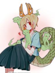 Rule 34 | 1girl, :3, :d, :|, ^ ^, animal, animal hug, antlers, blonde hair, blouse, blue shirt, blush, chinese commentary, closed eyes, closed mouth, commentary request, dragon tail, feet out of frame, green skirt, happy, head tilt, heart, highres, horns, kicchou yachie, long skirt, looking at viewer, open mouth, otter spirit (touhou), parted bangs, red eyes, shirt, short hair, short sleeves, sitting, skirt, smile, solo, tail, touhou, turtle shell, wide sleeves, yuejinlin