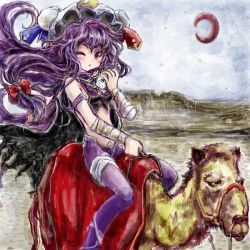 Rule 34 | 1girl, alternate costume, bandages, bare shoulders, bow, camel, crescent moon, desert, female focus, hair bow, hat, long hair, moon, nanashii (soregasisan), one eye closed, pants, patchouli knowledge, purple hair, red moon, sitting, solo, straddling, touhou, very long hair, wink