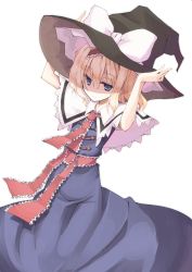 Rule 34 | 1girl, alice margatroid, blonde hair, blue eyes, borrowed clothes, bow, capelet, dress, female focus, hairband, hat, hat bow, headwear switch, holding, kirisame marisa, mochiki, oekaki, short hair, simple background, solo, touhou, white background, witch hat
