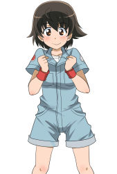 Rule 34 | 1girl, alternate costume, blue jumpsuit, brown eyes, brown hair, clenched hands, closed mouth, commentary request, girls und panzer, highres, jumpsuit, looking at viewer, nakajima (girls und panzer), short hair, short jumpsuit, short sleeves, simple background, smile, solo, standing, wakku kan, white background, wristband