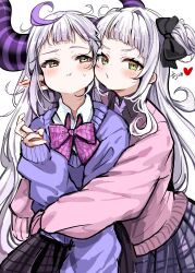 Rule 34 | 2girls, absurdres, alternate costume, bent v, black bow, black bowtie, blush, bow, bowtie, cheek-to-cheek, closed mouth, collared shirt, commentary request, cowboy shot, demon horns, grey hair, hair bow, half-closed eyes, heads together, heart, highres, hololive, horns, hug, la+ darknesss, long hair, long sleeves, looking at another, looking at viewer, multicolored hair, multiple girls, murasaki shion, nikumega, pink bow, pink bowtie, pink sweater, pointy ears, purple hair, purple horns, purple sweater, school uniform, shirt, simple background, sleeves past wrists, standing, streaked hair, striped horns, sweater, very long hair, virtual youtuber, white background, white shirt, yellow eyes, yuri
