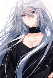 Rule 34 | 1boy, androgynous, black gloves, black shirt, blouse, blue eyes, choker, collarbone, earrings, eyelashes, gloves, grey hair, hand up, highres, jewelry, long hair, looking afar, male focus, multicolored eyes, original, parted lips, pectorals, petals, scar, scar on arm, scar on chest, shirt, simple background, solo, waka (shark waka), white background, wind, window, yellow eyes